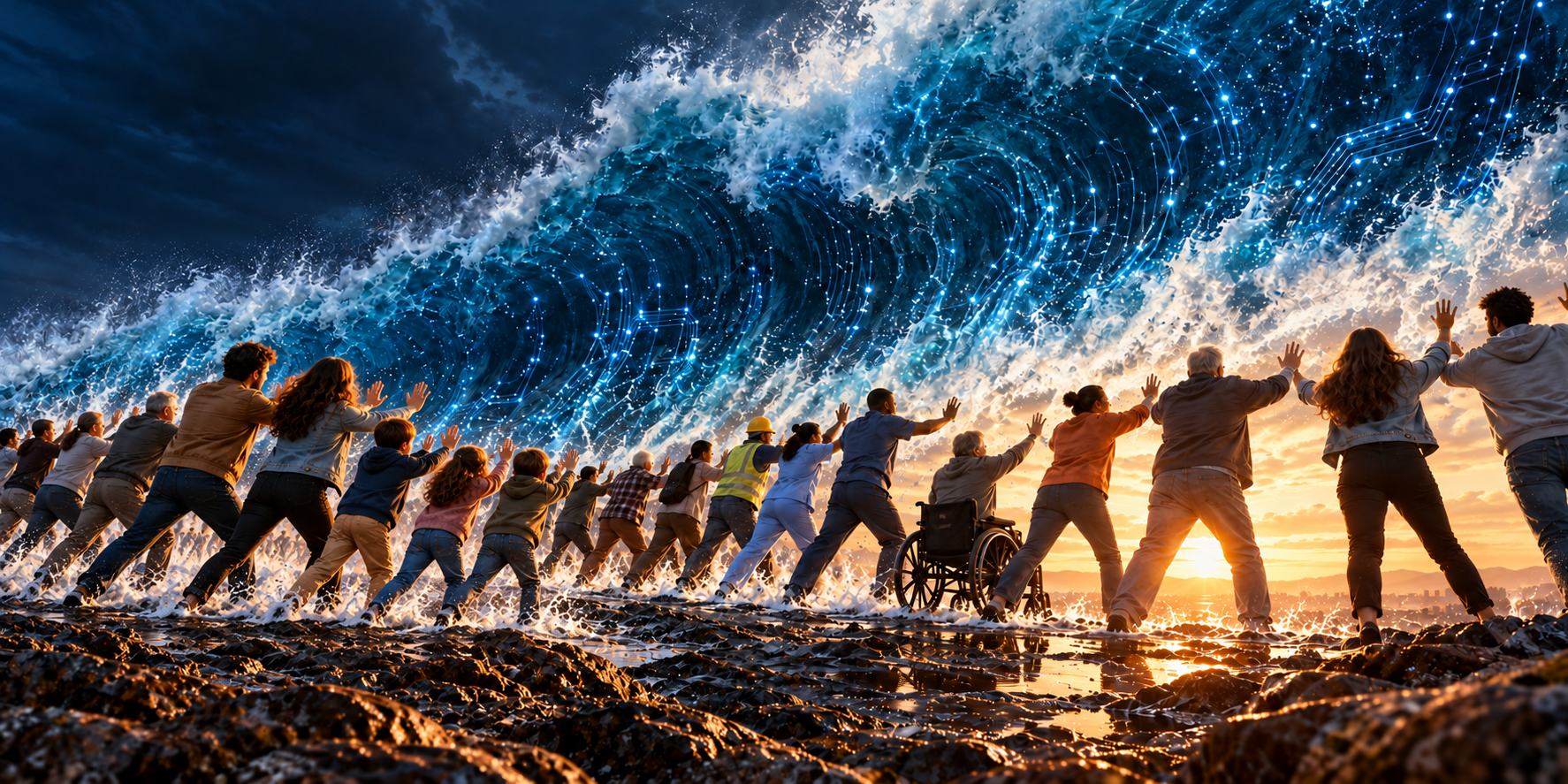 Children, parents, and people of different ages and abilities stand together, actively holding back the AI tsunami.