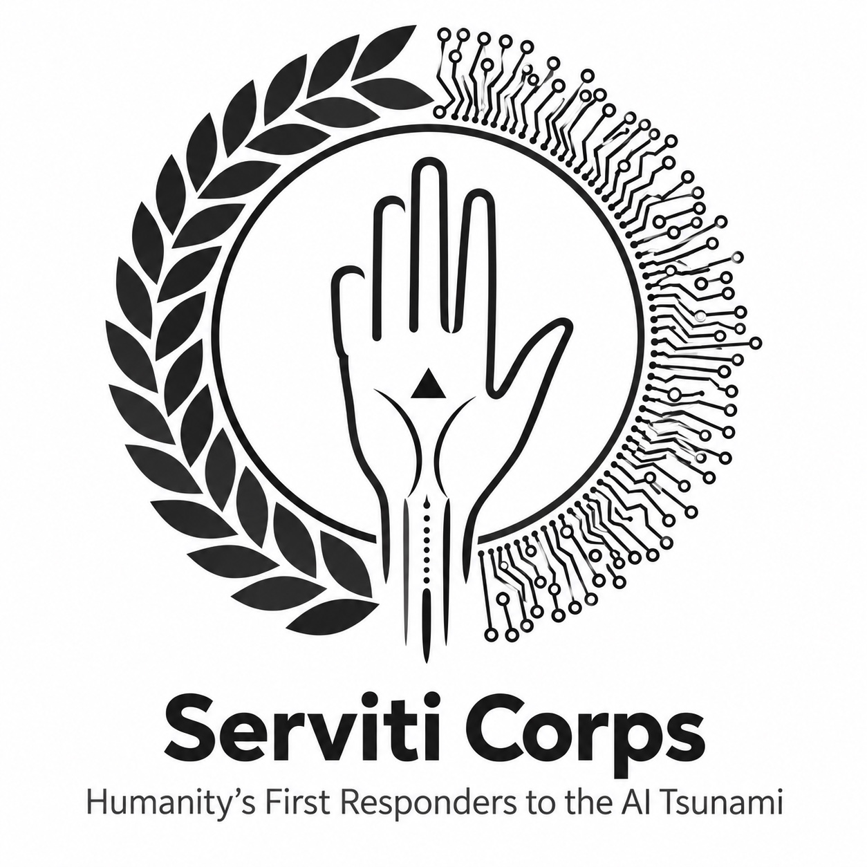 Serviti Corps logo: a hand with a triangle in the palm, surrounded by laurel and circuitry. Humanity’s First Responders to the AI Tsunami.